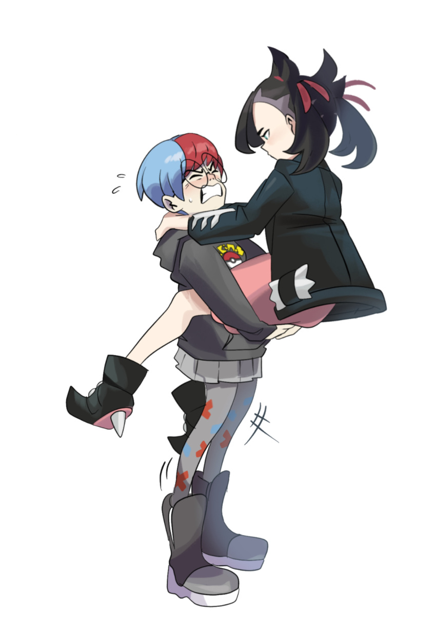 2girls, black_footwear, black_hair, black_jacket, blue_hair, boots, carrying, clenched_teeth, closed_eyes, commentary, dress, flying_sweatdrops, glasses, hair_ribbon, highres, hood, hoodie, jacket, marnie_(marnielovesyou), marnie_(pokemon), multicolored_hair, multiple_girls, pantyhose, penny_(pokemon), pink_dress, pokemon, pokemon_sv, pokemon_swsh, red_ribbon, redhead, ribbon, round_eyewear, see-through, see-through_skirt, simple_background, skirt, standing, struggling, teeth, twintails, two-tone_hair, white_background
