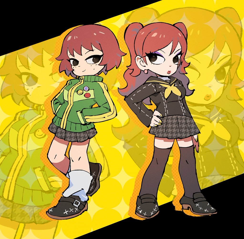 black_eyes, black_skirt, brown_hair, colored_eyelashes, commentary, cosplay, earrings, envy_adams, green_jacket, jacket, jewelry, kim_pine, kujikawa_rise, kujikawa_rise_(cosplay), long_hair, persona, persona_4, sailor_collar, satonaka_chie, satonaka_chie_(cosplay), school_uniform, scott_pilgrim_(series), short_hair, skirt, tetsu_(teppei), thigh-highs, track_jacket, twintails