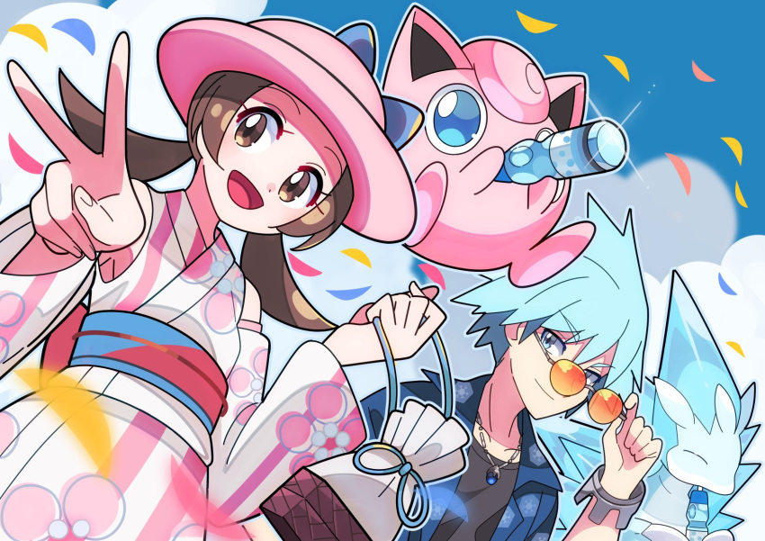 1boy, 1girl, :d, alolan_sandslash, bare_shoulders, black_undershirt, blue_bow, blue_eyes