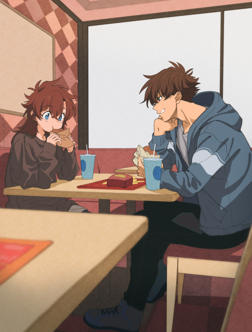 1boy, 1girl, black_pants, blue_eyes, blue_jacket, blurry, borokouhek, brown_hair, brown_shirt, burger, chair, commentary_request, couple, cup, depth_of_field, disposable_cup, drinking_straw, eating, food, french_fries, from_side, hair_between_eyes, hand_on_own_chin, hetero, highres, holding, holding_burger, holding_food, jacket, kuroba_kaito, long_sleeves, looking_at_another, looking_at_food, magic_kaito, medium_hair, messy_hair, nakamori_aoko, on_chair, open_mouth, pants, restaurant, shirt, shoes, short_hair, side_part, sitting, smirk, sneakers, table, teeth, tray, white_shirt, window