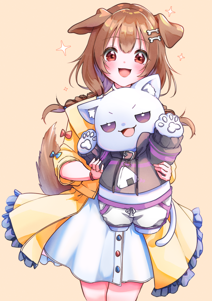 :d, animal_ears, blush, bone_hair_ornament, braid, brown_eyes, brown_hair, cowboy_shot, dog_ears, dog_girl, dog_tail, double-parted_bangs, dress, hair_between_eyes, hair_ornament, hairclip, highres, hololive, inugami_korone, inugami_korone_(1st_costume), jacket, long_hair, looking_at_another, low_twin_braids, low_twintails, mameiriko, nekomata_okayu, nekomata_okayu_(1st_costume), nekomata_okayu_(cat), open_clothes, open_jacket, open_mouth, short_dress, simple_background, smile, sparkle, tail, twin_braids, twintails, virtual_youtuber, white_dress, yellow_background, yellow_jacket