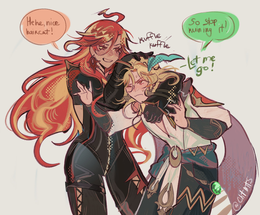 1boy, 1girl, biker_clothes, bikesuit, black_bikesuit, black_gloves, blonde_hair, bodysuit, chtmts, commentary, english_commentary, english_text, genshin_impact, gloves, highres, kaveh_(genshin_impact), mavuika_(genshin_impact), multicolored_hair, one_eye_closed, orange_hair, red_eyes, redhead, ruffling_hair, shirt, simple_background, twitter_username, two-tone_hair, white_background, white_shirt