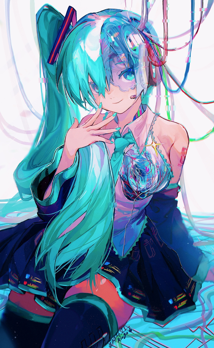 1girl, absurdres, alternate_hairstyle, android, arm_tattoo, bare_shoulders, black_skirt, black_thighhighs, blue_eyes, blue_nails, blue_necktie, blue_trim, cable, collared_shirt, coumibuzzbuzz, cowboy_shot, dated, detached_sleeves, exposed_heart, glitch, hand_up, hatsune_miku, highres, long_hair, looking_at_viewer, mechanical_heart, mechanical_parts, meme, necktie, see-through_body, shirt, side_ponytail, sidetail_miku_noodle_stopper_(meme), signature, skirt, sleeveless, sleeveless_shirt, smile, solo, standing, tattoo, thigh-highs, vocaloid, white_background, white_shirt
