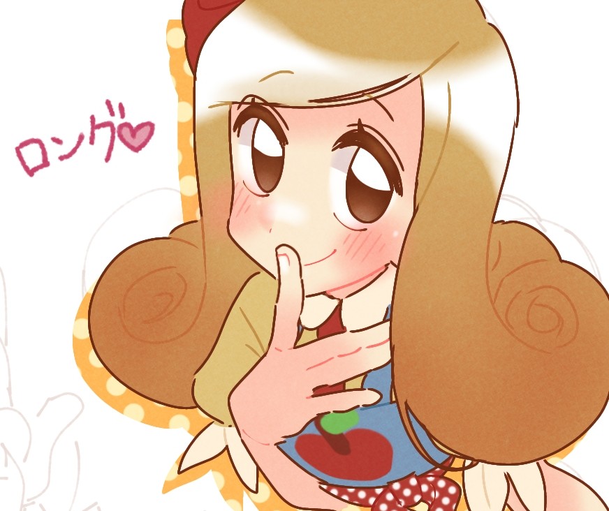 1girl, apple_print, apron, blonde_hair, blue_apron, bow, brown_eyes, closed_mouth