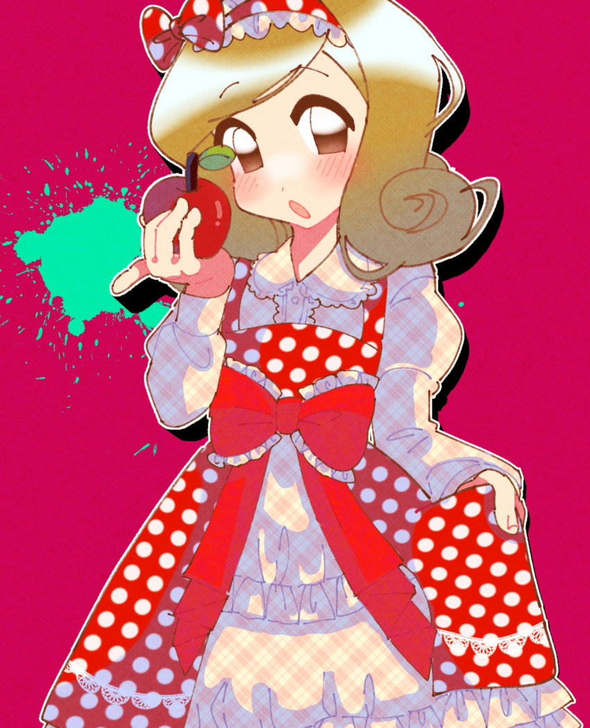 1girl, apple, blonde_hair, bow, brown_eyes, dress, food, fruit