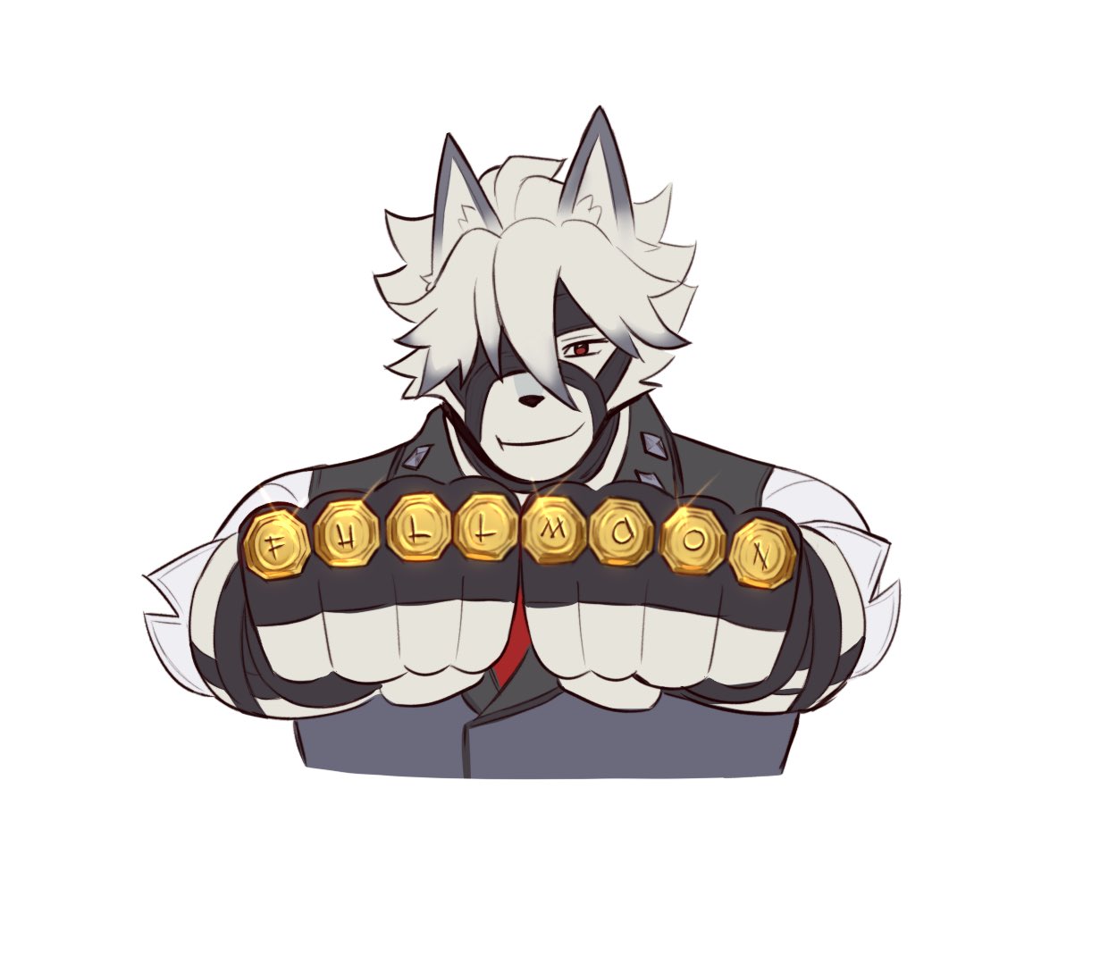 1boy, animal_ears, black_gloves, black_vest, brass_knuckles, english_text, eyepatch, fingerless_gloves, furry, gloves, krunnnnnch, red_eyes, shirt, simple_background, snout, vest, von_lycaon, weapon, white_background, white_fur, white_hair, white_shirt, wolf_boy, wolf_ears, zenless_zone_zero