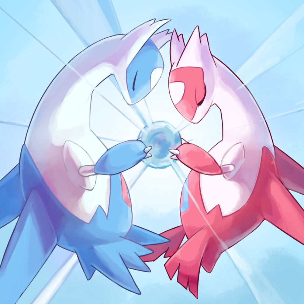 blue_skin, claws, closed_eyes, colored_skin, from_side, latias, latios, multicolored_skin, no_humans, pokemon, pokemon_(creature), polyacryla, red_skin, soul_dew, two-tone_skin, white_skin, wings