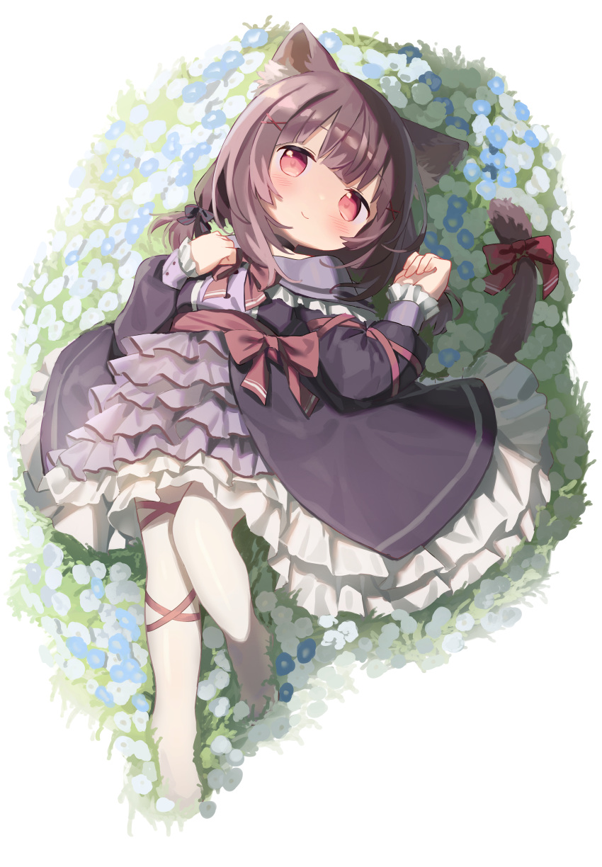 1girl, absurdres, animal_ear_fluff, animal_ears, black_dress, blush, bow, brown_eyes, brown_hair, cat_ears, cat_girl, cat_tail, cloneko_(zelmeledf2), commission, dress, fallenshadow, flower, hair_bow, hair_ornament, hairclip, highres, indie_virtual_youtuber, leg_ribbon, lying, no_shoes, on_back, outdoors, pantyhose, ribbon, second-party_source, short_hair, skeb_commission, smile, solo, tail, tail_ornament, tail_ribbon, twintails, virtual_youtuber, white_pantyhose, x_hair_ornament
