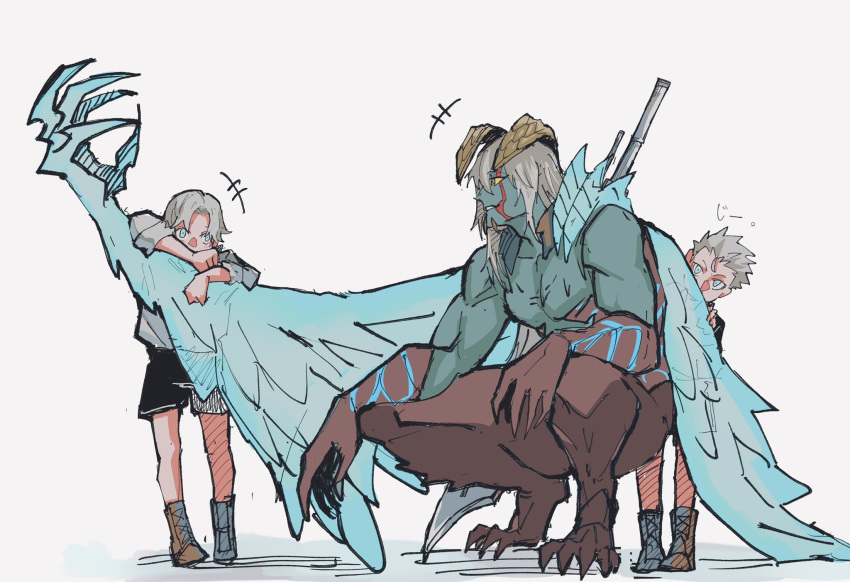 3boys, aged_down, alternate_form, bare_shoulders, black_shorts, blue_eyes, blue_wings, boots