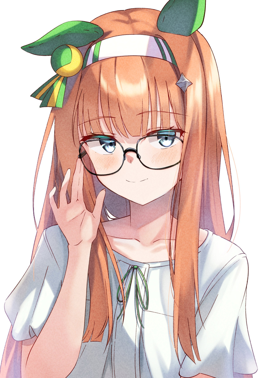 1girl, absurdres, adjusting_eyewear, bespectacled, black-framed_eyewear, blue_eyes, blunt_bangs, blush