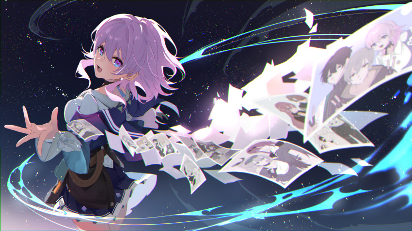 1girl, :d, black_choker, blue_eyes, blue_jacket, blue_skirt, choker, commentary_request, cowboy_shot, from_behind, gradient_eyes, hair_intakes, hand_up, highres, honkai:_star_rail, honkai_(series), jacket, light_particles, long_sleeves, looking_at_viewer, looking_back, march_7th_(honkai:_star_rail), march_7th_(preservation)_(honkai:_star_rail), medium_hair, menomanome, miniskirt, multicolored_eyes, off-shoulder_jacket, off_shoulder, open_mouth, photo_(object), pleated_skirt, purple_hair, shirt, sidelocks, skirt, smile, solo, violet_eyes, white_shirt, white_trim