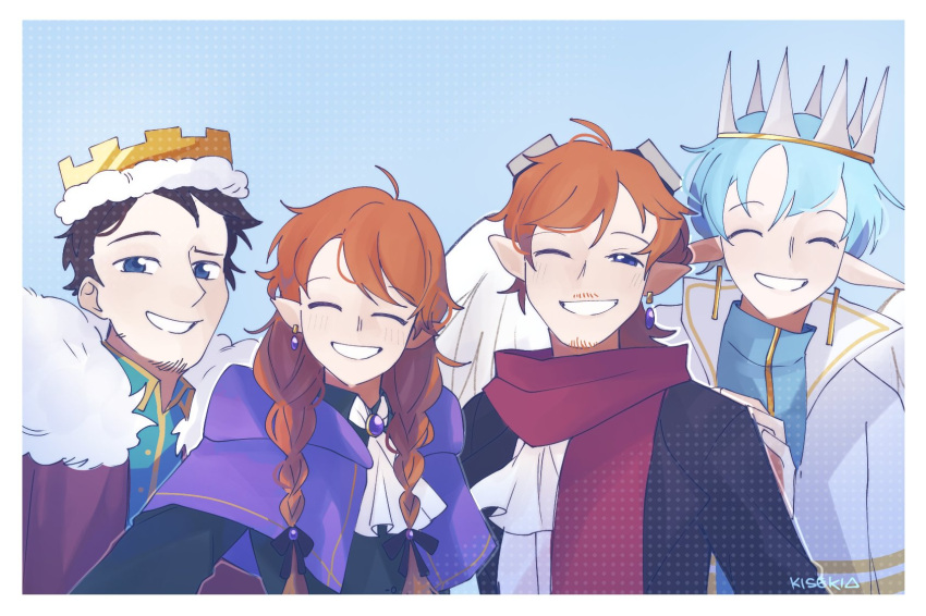 1girl, 3boys, ahoge, ascot, blue_hair, braid, brother_and_sister, brown_hair