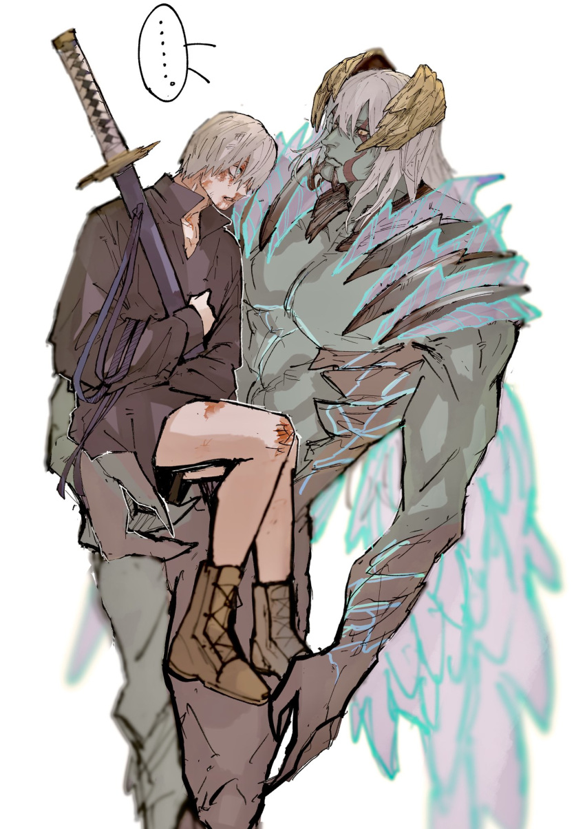 ..., 2boys, abs, aged_down, arm_across_chest, bare_legs, black_shirt, black_shorts