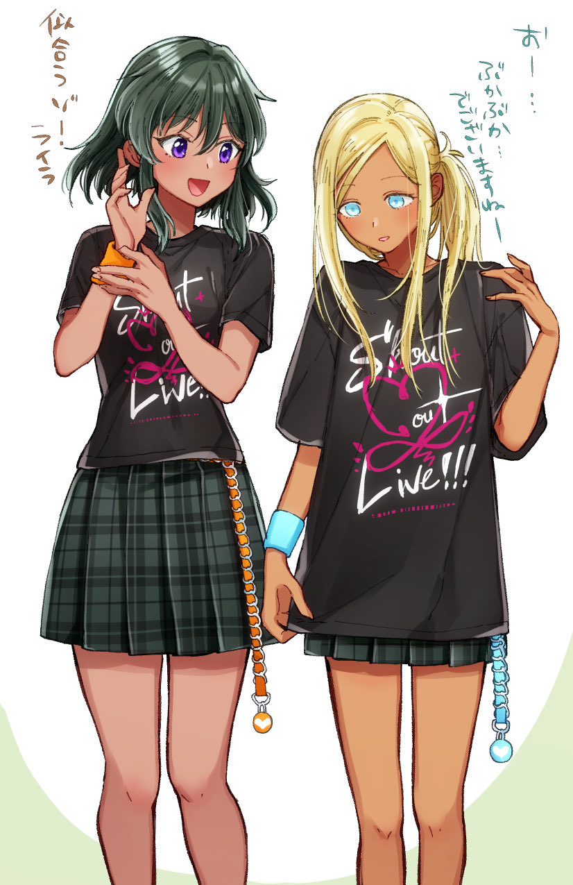 2girls, alternate_hairstyle, aqua_eyes, belt, bintaptyo, black_shirt, blonde_hair, blue_belt