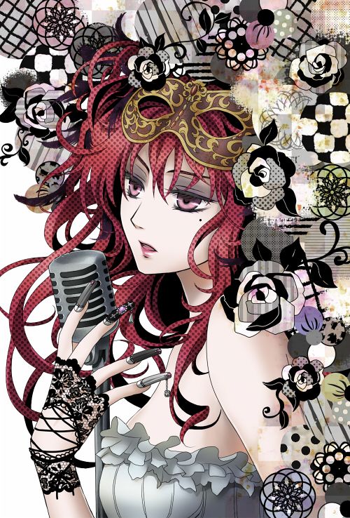 fingernails, flower, gloves, lace, long_fingernails, mask, microphone, mole, multicolored_rose, nail_polish, nitou_akane, original, pink_eyes, purple_eyes, red_hair, redhead, rose, solo