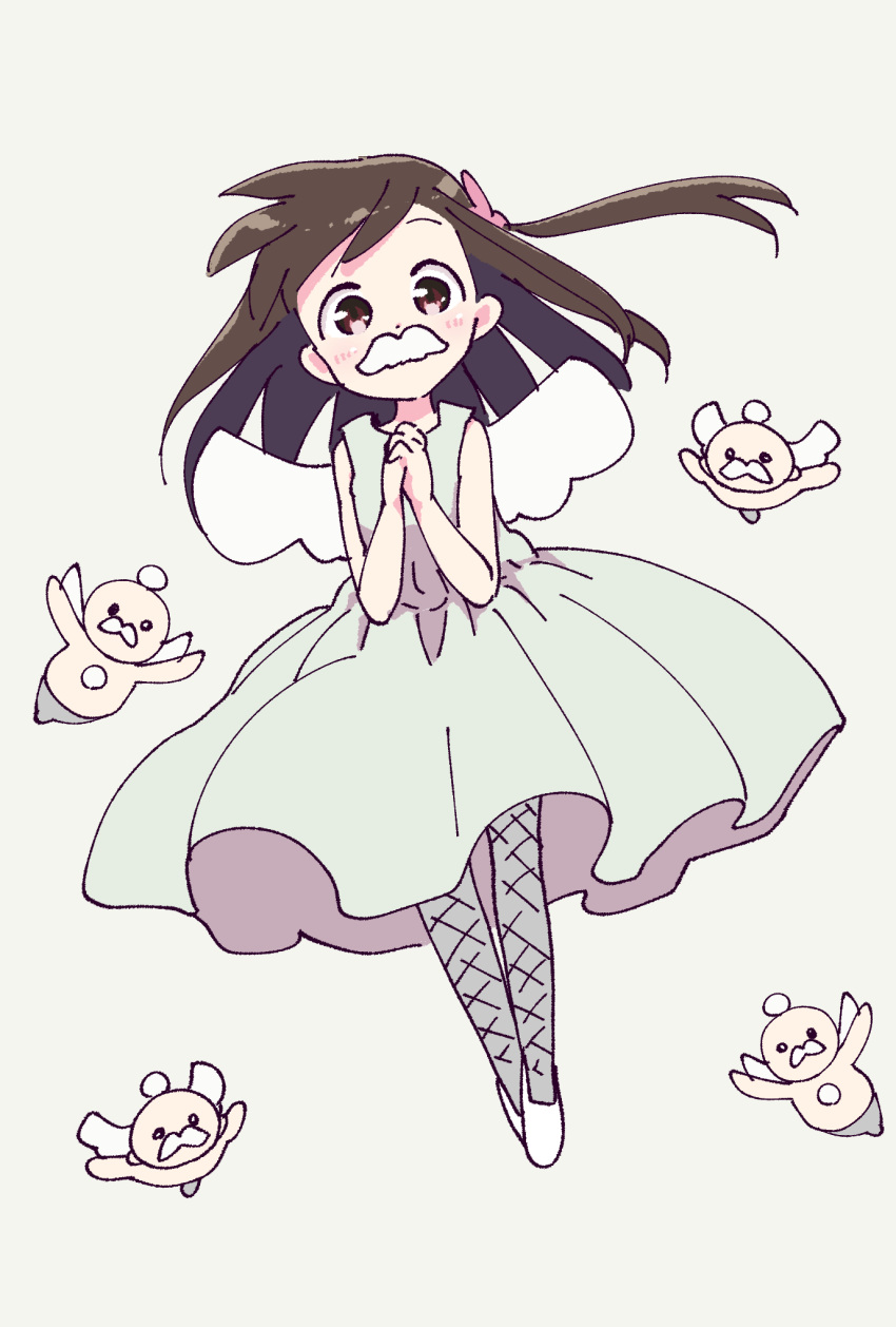 1girl, brown_hair, dress, feathered_wings, fishnets, flower, flower_hairtie, hair_flower