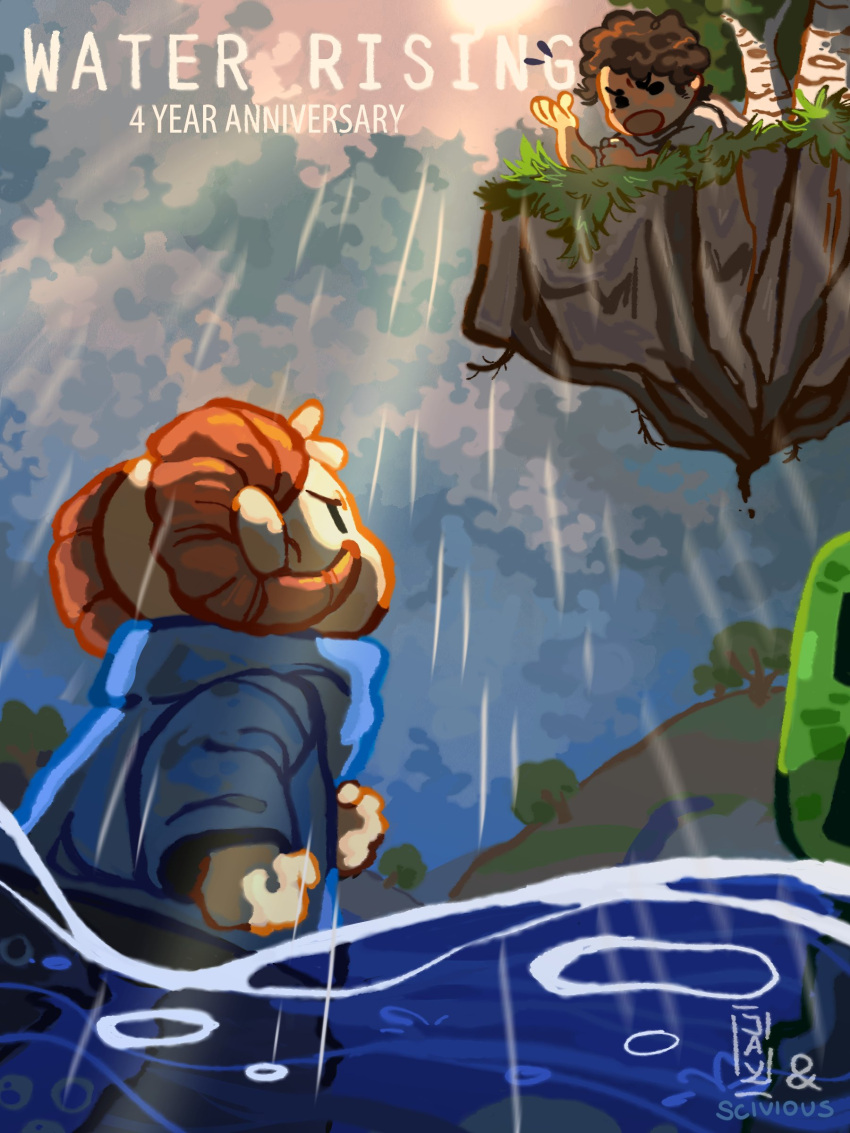 2boys, absurdres, animal_ears, blue_sweater, brown_hair, chibi, clouds, collaboration, creeper, english_text, furry, furry_male, highres, horns, jschlatt, looking_down, looking_up, male_focus, minecraft, minecraft_youtube, muffdash, multiple_boys, open_mouth, outdoors, rain, rammie, scivious, sheep_boy, sheep_ears, sheep_horns, shirt, short_hair, signature, sky, standing, sweater, tree, water, wilbur_soot