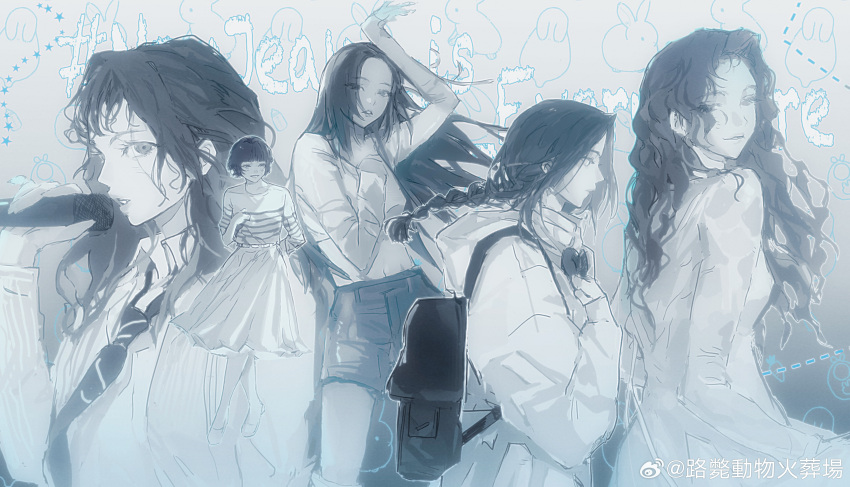 5girls, absurdres, arm_up, backpack, bag, black_background, blue_theme, bow