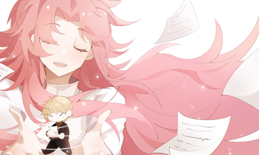 2boys, atou_haruki, black_jacket, black_pants, blonde_hair, brown_sweater, chibi, closed_eyes