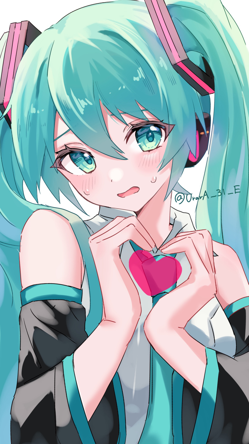1girl, absurdres, aqua_eyes, aqua_hair, aqua_necktie, aqua_trim, bare_shoulders, black_sleeves