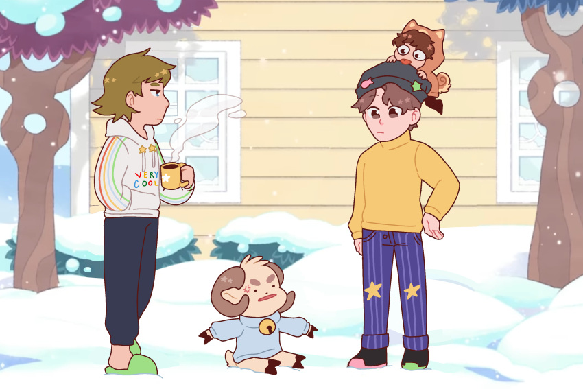 4boys, adapted_costume, animal_ears, animal_hood, bee_and_puppycat, blue_sweater, borrowed_design, brown_hair