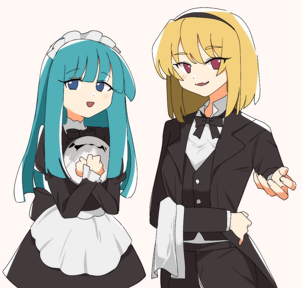 2girls, 6npnmcuvsauiemp, :d, apron, black_bow, black_bowtie, blonde_hair, blue_eyes