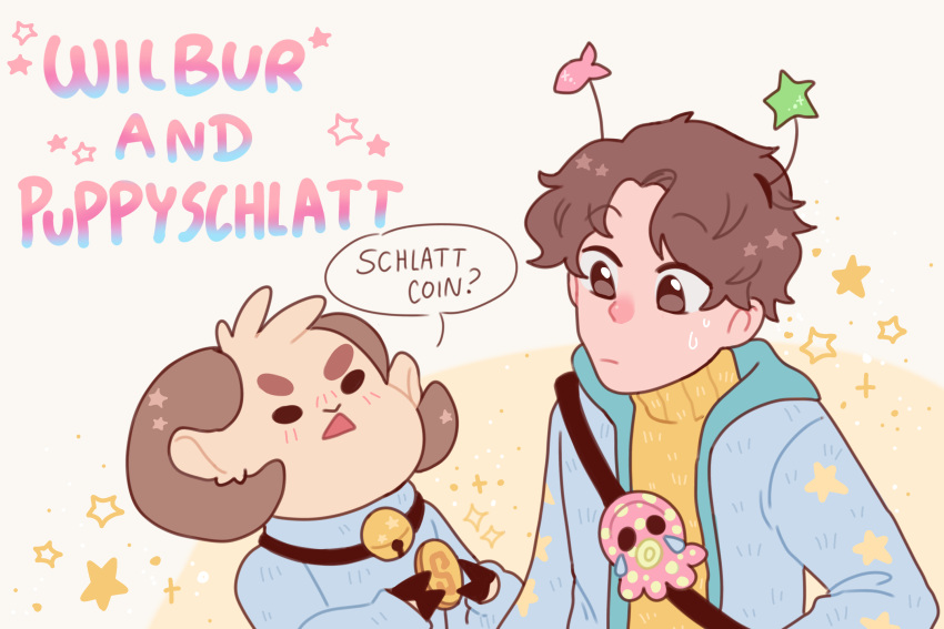 2boys, adapted_costume, animal_ears, bee_and_puppycat, bell, blush, borrowed_design, brown_eyes, brown_hair, closed_eyes, coin, furry, furry_male, gomi_(gomiidd), highres, holding, holding_coin, hood, hood_down, hoodie, horns, jingle_bell, jschlatt, male_focus, minecraft_youtube, multiple_boys, open_clothes, open_hoodie, parody, rammie, schlattcoin, sheep_boy, sheep_ears, sheep_horns, smplive, star_(symbol), sweatdrop, sweater, wilbur_soot, yellow_sweater