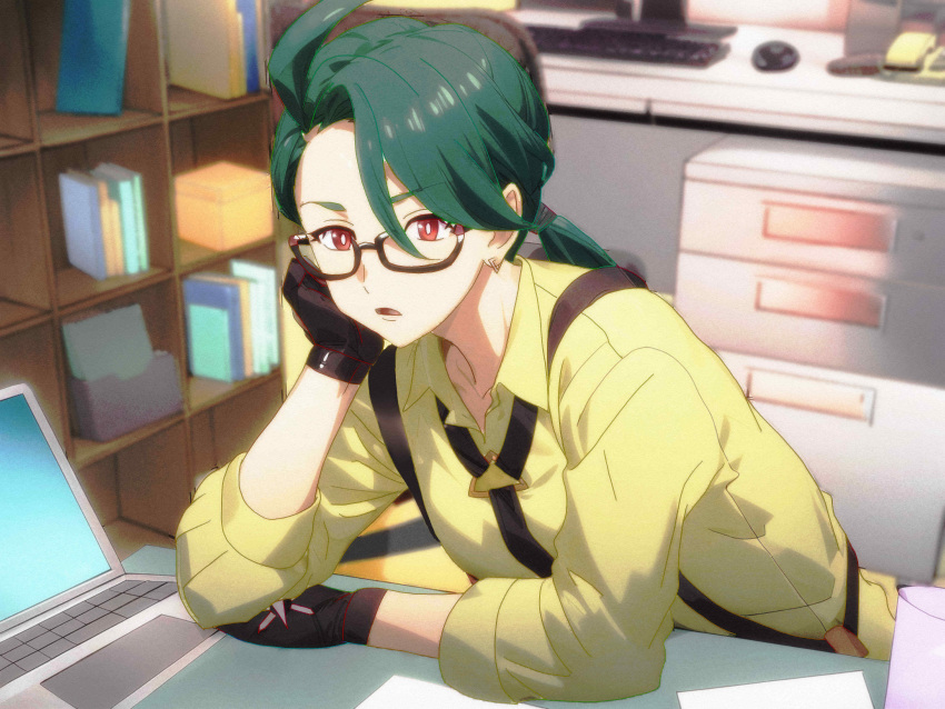 1girl, absurdres, ahoge, androgynous, black_gloves, blurry, blurry_background, bookshelf