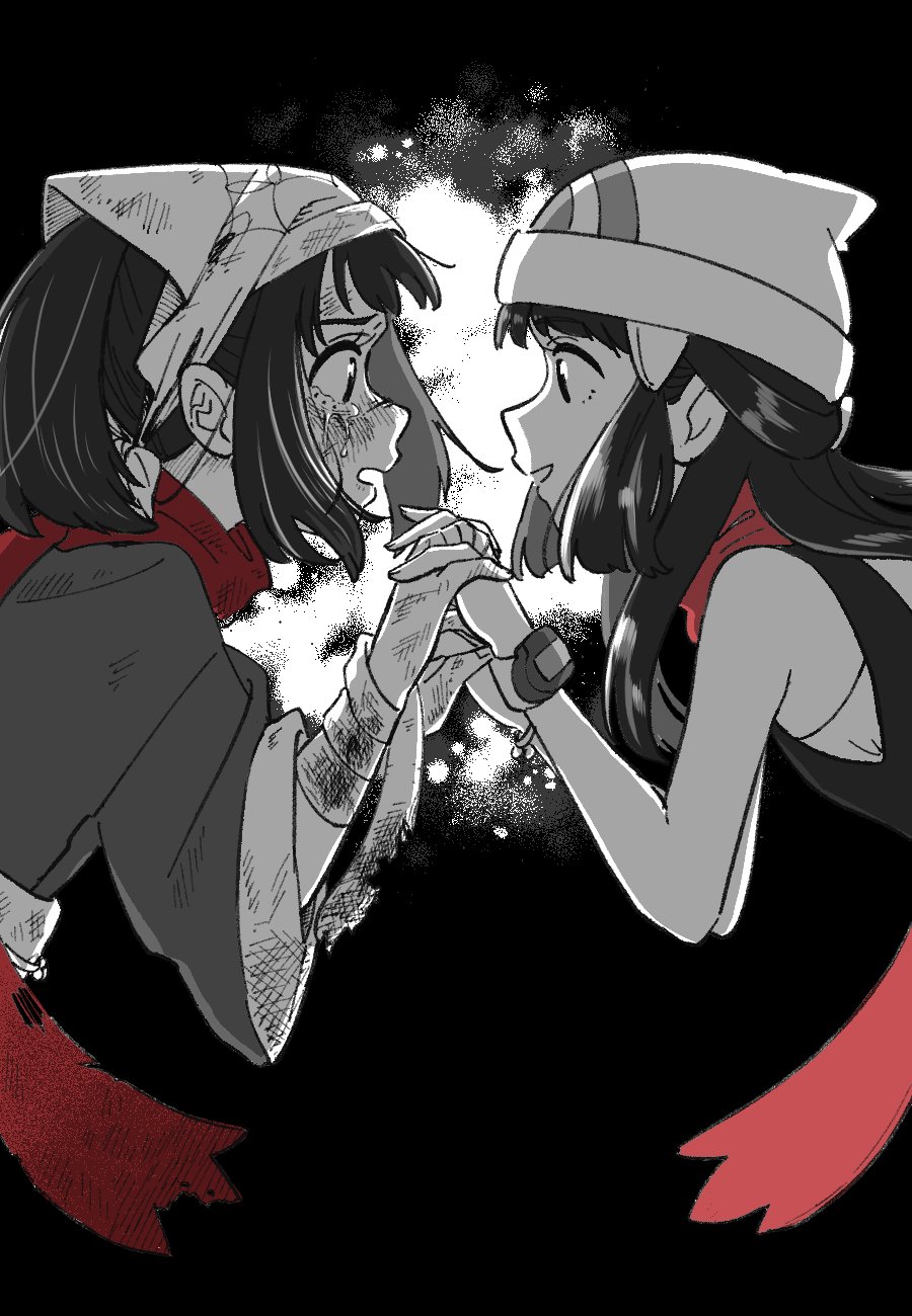 2girls, akari_(pokemon), bandaged_arm, bandages, beanie, black_hair, blush, crying, crying_with_eyes_open, dirty, dirty_clothes, dirty_face, dirty_hands, dual_persona, flat_chest, galaxy_expedition_team_survey_corps_uniform, hair_ornament, hairclip, hat, head_scarf, highres, hikari_(pokemon), holding_hands, injury, long_hair, long_sleeves, looking_at_another, medium_bangs, monochrome, multiple_girls, open_mouth, poke_ball_symbol, pokemon, pokemon_dppt, pokemon_legends:_arceus, poketch, ponytail, profile, red_scarf, scarf, sensu_(mikanaboon), shirt, sidelocks, sleeveless, sleeveless_shirt, smile, spot_color, tears, torn_bandages, torn_clothes, torn_scarf, upper_body, watch, watch, white_hat