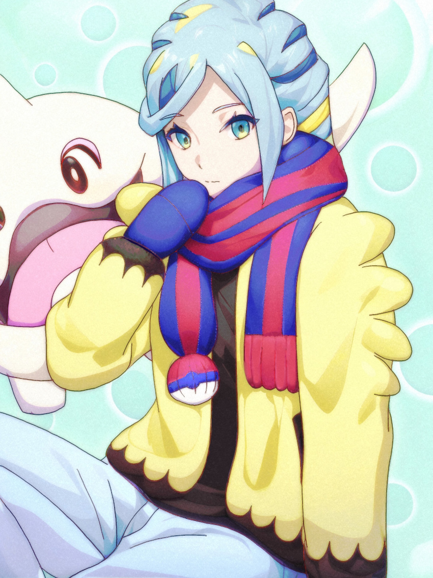 1boy, absurdres, androgynous, blonde_hair, blue_background, blue_hair, blue_mittens, blue_scarf