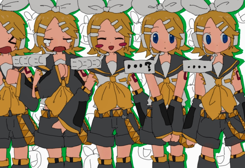 >_<, ..., ...?, 1girl, ^_^, arm_behind_back, bare_shoulders, belt