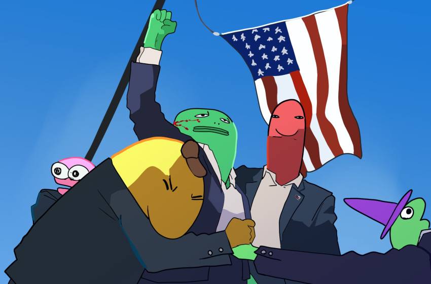 5boys, allan_(smiling_friends), american_flag, arm_up, blood, blood_on_face, business_suit, charlie_dompler