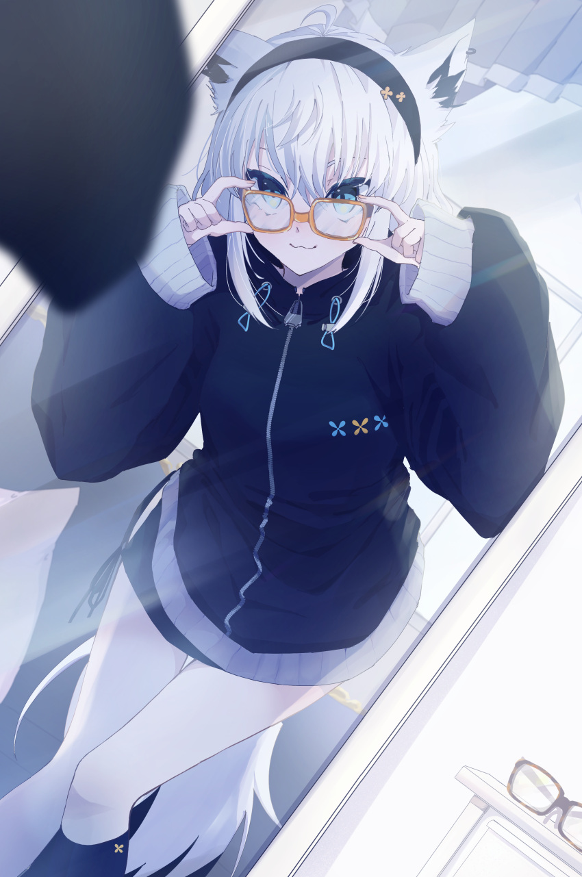 6n0_w, absurdres, adjusting_eyewear, animal_ear_piercing, animal_ears, black_hairband, black_jacket, black_socks, blue_eyes, commentary_request, fox_ears, fox_girl, fox_tail, glasses, hairband, hand_on_eyewear, highres, hololive, jacket, long_hair, long_sleeves, loungewear, mirror, no_pants, reflection, shirakami_fubuki, shirakami_fubuki_(loungewear), sidelocks, socks, tail, virtual_youtuber, white_hair