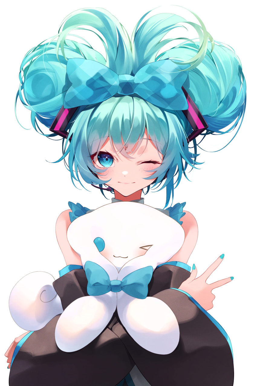 1girl, 1other, ;), absurdres, aqua_eyes, aqua_hair, aqua_nails, black_sleeves