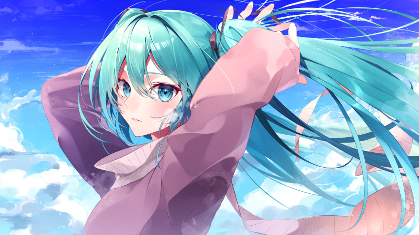 1girl, alternate_costume, aqua_eyes, aqua_hair, arms_up, blue_sky, blush, breath, cold, commentary, english_commentary, from_side, hair_between_eyes, hatsune_miku, highres, long_hair, long_sleeves, looking_at_viewer, parted_lips, pink_sweater, sky, solo, sugisoar, sweater, tucking_hair, twintails, upper_body, very_long_hair, vocaloid