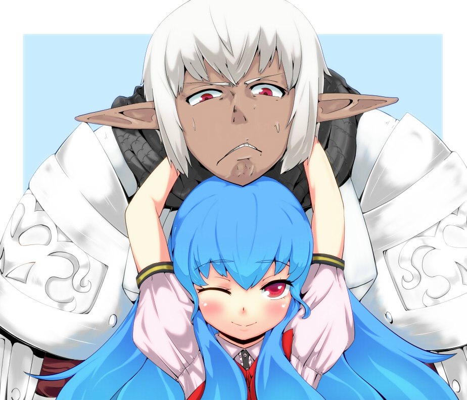 blue_hair, blush, buront, crossover, dark_skin, final_fantasy, final_fantasy_xi, hinanawi_tenshi