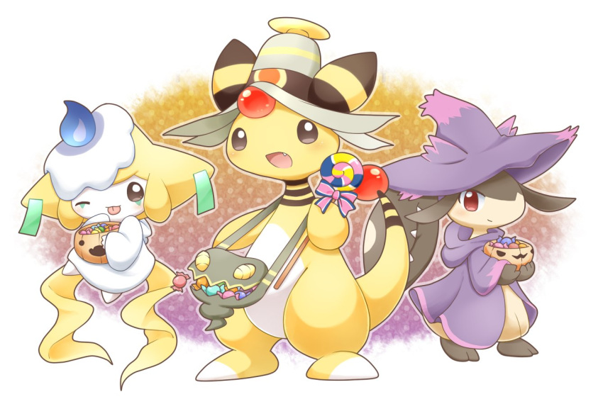 akuasu, ampharos, bag, blush, bowl, brown_eyes, brown_fur, candy, clothed_pokemon, cosplay, costume, dusknoir, dusknoir_(cosplay), fang, fire, food, forehead_jewel, halloween, halloween_costume, hat, holding, holding_candy, holding_food, holding_lollipop, jirachi, litwick, litwick_(cosplay), lollipop, mawile, mismagius, mismagius_(cosplay), one_eye_closed, pokemon, pokemon_(creature), purple_hat, smile, standing, tongue, tongue_out, two-tone_fur, white_fur, yellow_fur