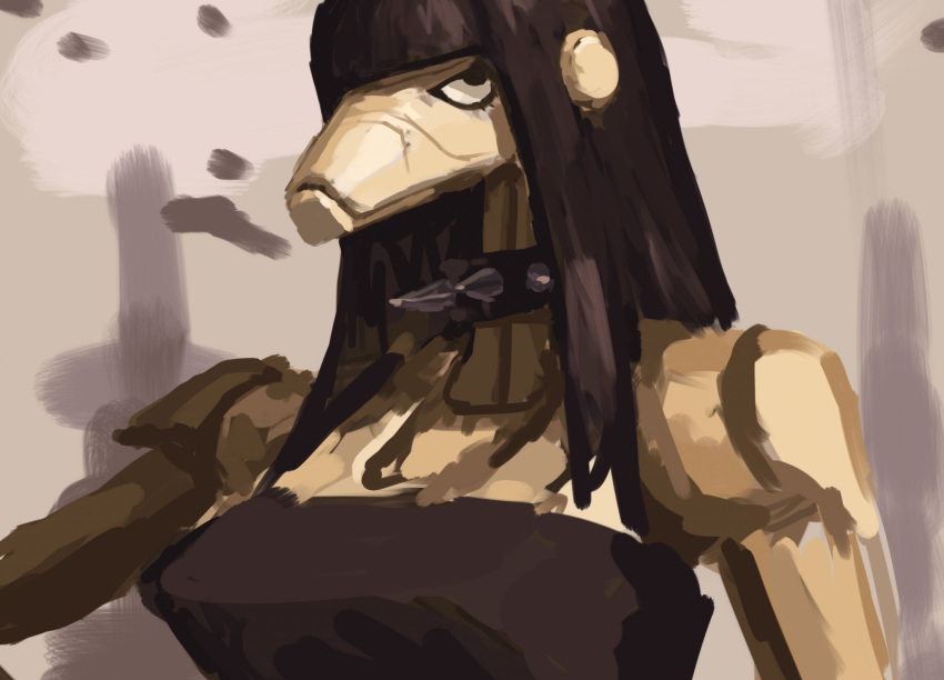 1girl, b1_battle_droid, beth_(redustheriotact), black_hair, black_shirt, blunt_bangs, collar, droid