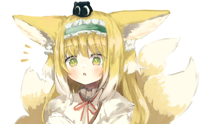 1girl, :o, absurdres, animal_ears, arknights, blonde_hair, blush, commentary, creature, creature_on_head, frilled_hairband, frills, green_eyes, green_hairband, grey_hair, grey_shirt, grey_tail, hairband, heixiu, highres, long_hair, looking_at_viewer, luo_xiaohei_zhanji, meguru_1225, multicolored_hair, multiple_tails, neck_ribbon, notice_lines, official_alternate_costume, open_mouth, orange_ribbon, ribbon, shirt, simple_background, solo, streaked_hair, suzuran_(arknights), suzuran_(spring_praise)_(arknights), tail, upper_body, white_background, yellow_tail