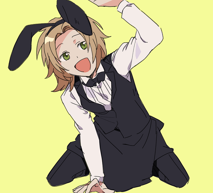 1boy, :d, alternate_costume, animal_ears, apron, arm_up, black_apron, black_bow, black_bowtie, black_hairband, black_pants, black_vest, bow, bowtie, brown_hair, collared_shirt, commentary_request, fake_animal_ears, green_background, green_eyes, hairband, kneeling, long_sleeves, male_focus, medium_hair, medu_(rubish), open_mouth, pants, parted_bangs, saibou_shinkyoku, shinano_eiji, shirt, simple_background, smile, solo, vest, waist_apron, waiter, white_shirt
