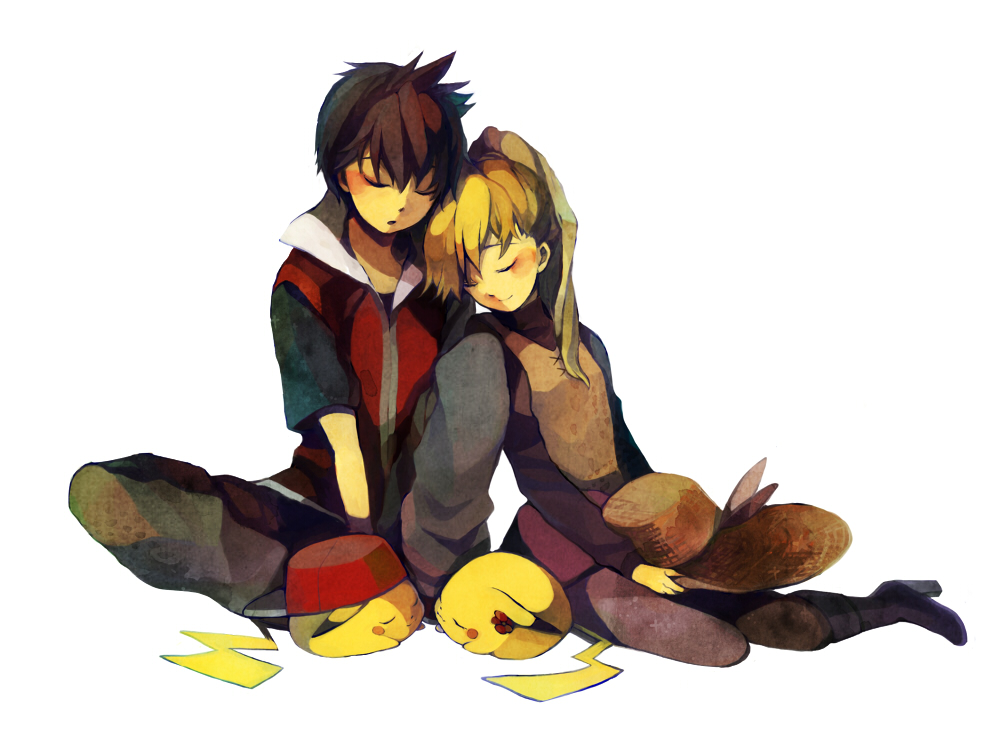 1boy, 1girl, black_hair, blonde_hair, boots, chuchu_(pokemon), closed_eyes, couple