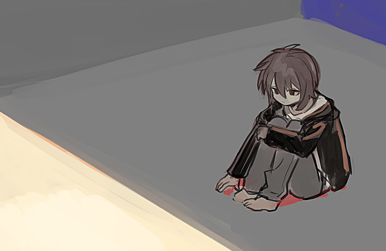 1boy, arm_around_leg, barefoot, black_jacket, brown_hair, closed_mouth, grey_pants, hair_between_eyes