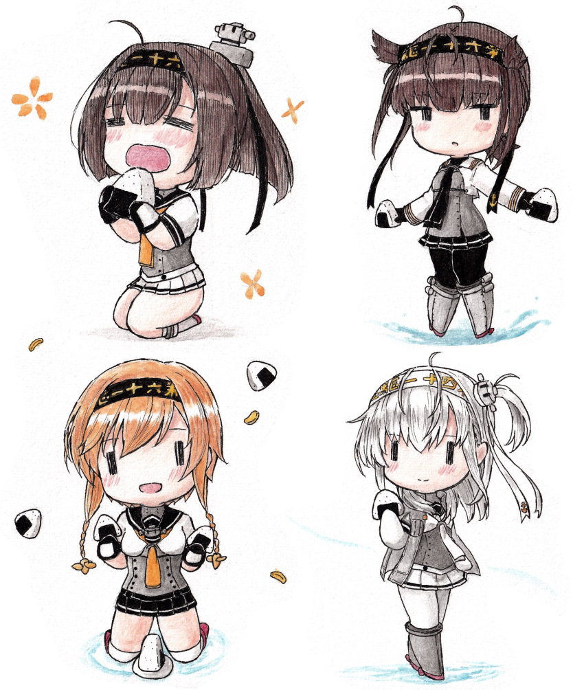 4girls, akizuki_(kancolle), black_bodysuit, black_neckerchief, black_skirt, blush, bodysuit, braid