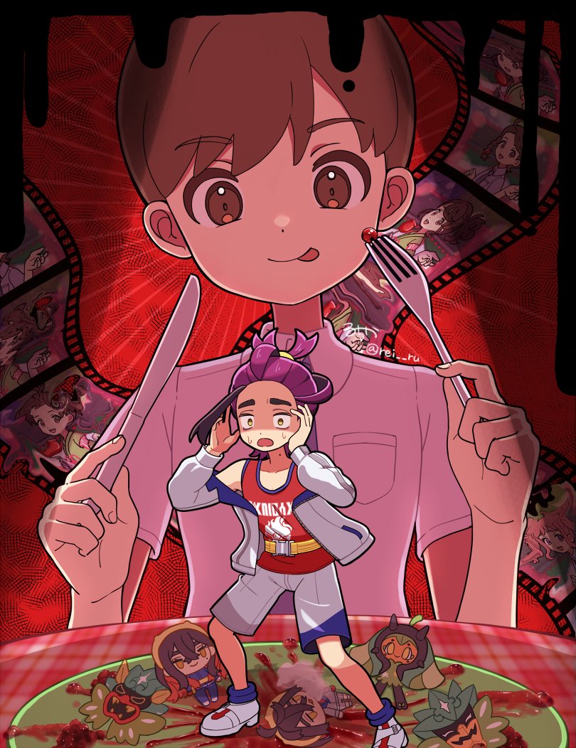 2boys, :p, blue_socks, brown_eyes, brown_hair, candy_apple, carmine_(pokemon), commentary_request