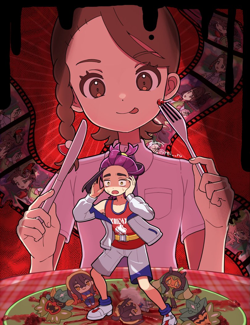 1boy, 1girl, :p, blue_socks, brown_eyes, brown_hair, candy_apple, carmine_(pokemon)