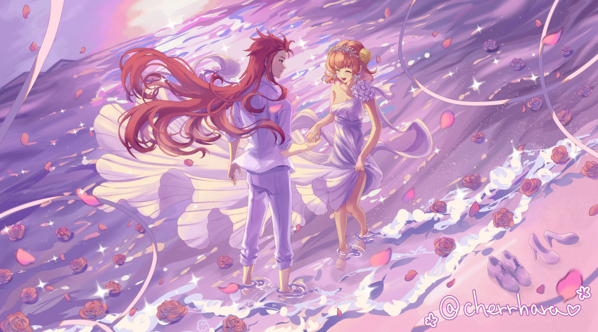 1boy, 1girl, absurdres, asch_(tales), asymmetrical_sleeves, bare_shoulders, beach, blonde_hair