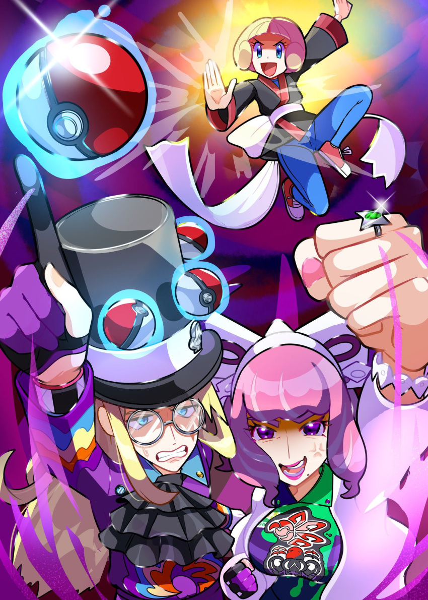 1boy, 2girls, :d, anger_vein, arm_up, ascot, avery_(pokemon), black_ascot