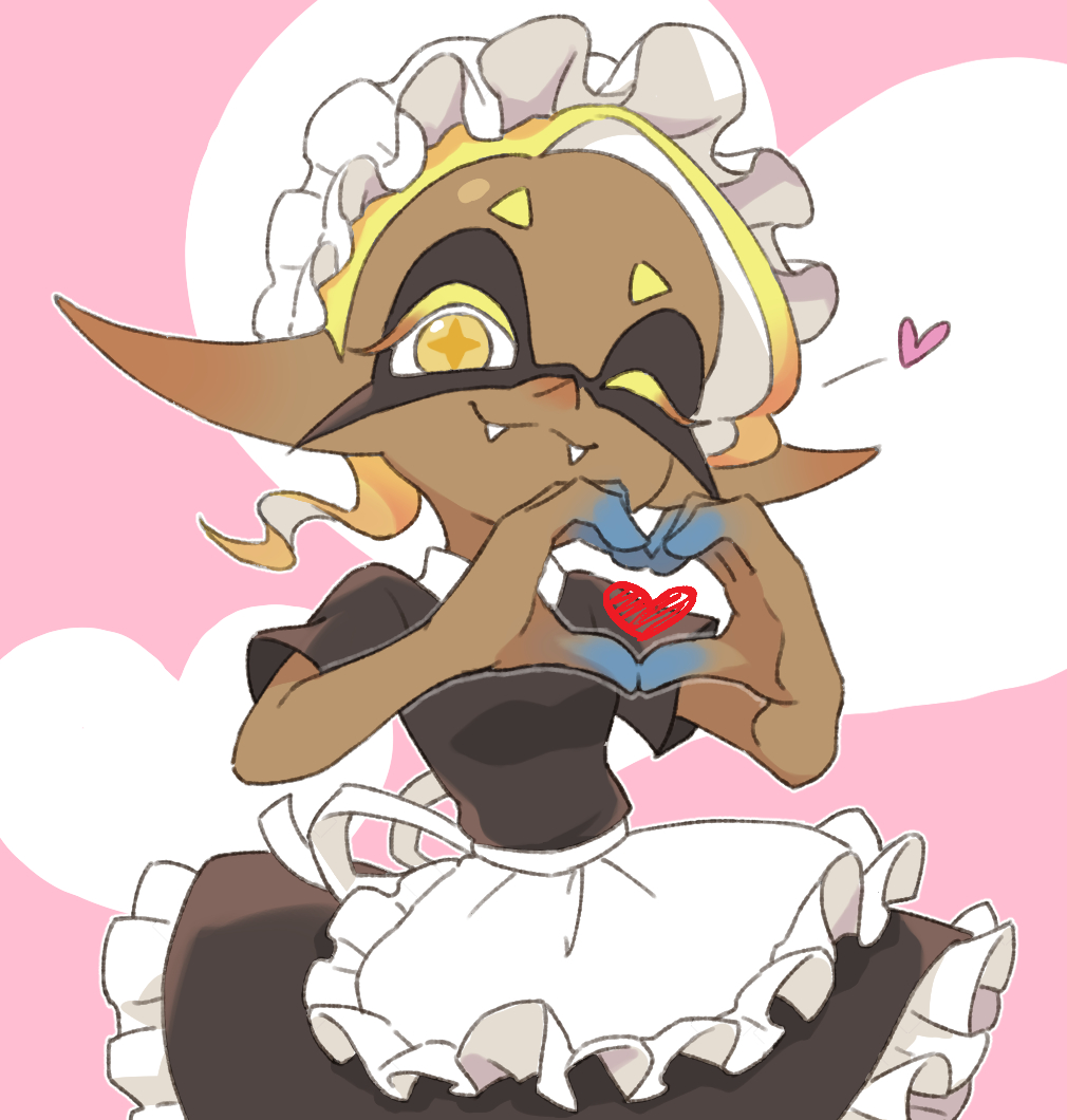 alternate_costume, dark-skinned_female, dark_skin, fangs, frye_(splatoon), gradient_skin, heart, heart_hands