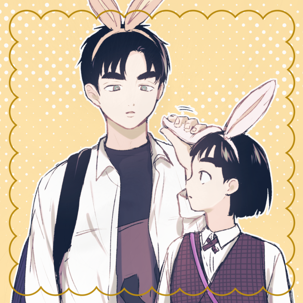 1boy, 1girl, after_school_lessons_for_unripe_apples, animal_ears, black_eyes, black_hair, fake_animal_ears, grey_eyes