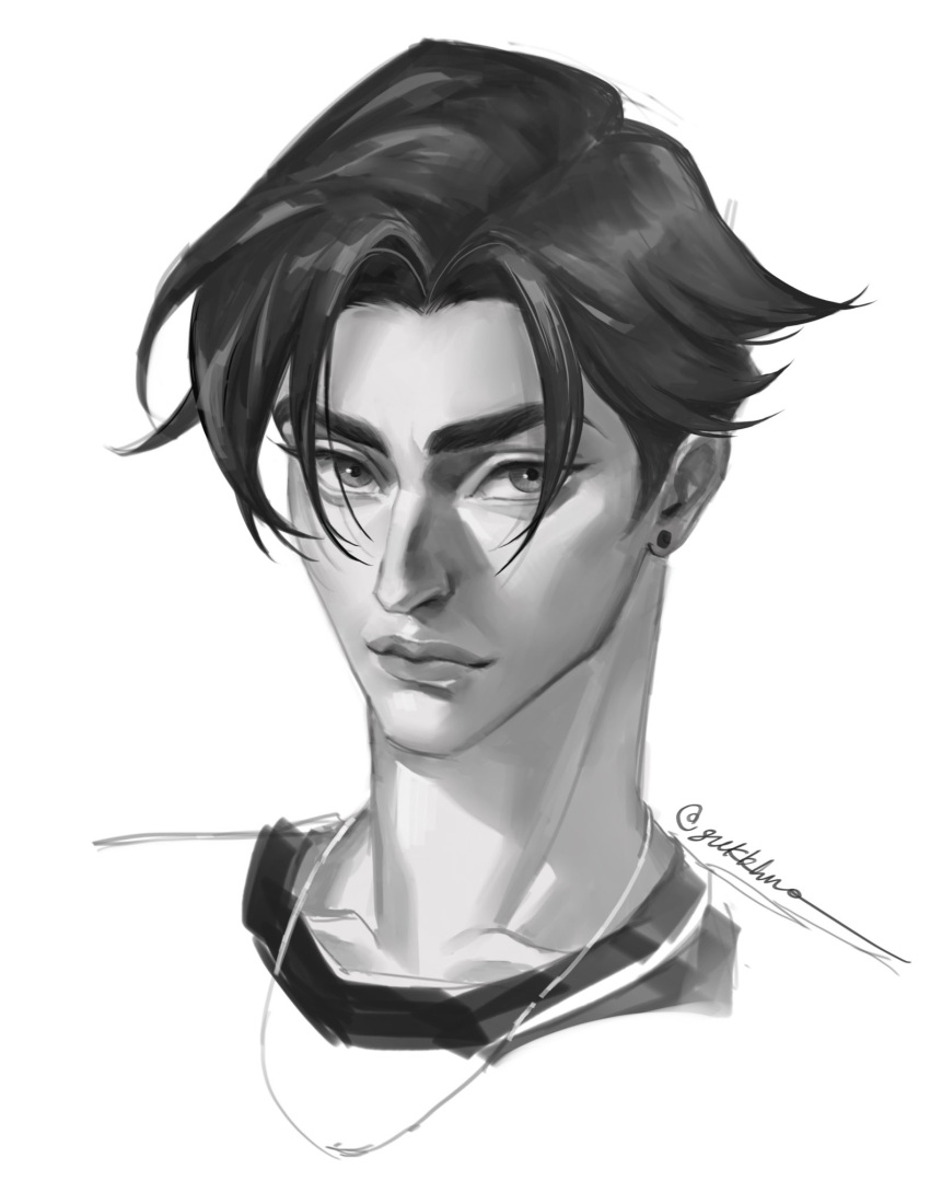 1boy, black_hair, close-up, closed_mouth, ear_piercing, earrings, greyscale, gukkhwa